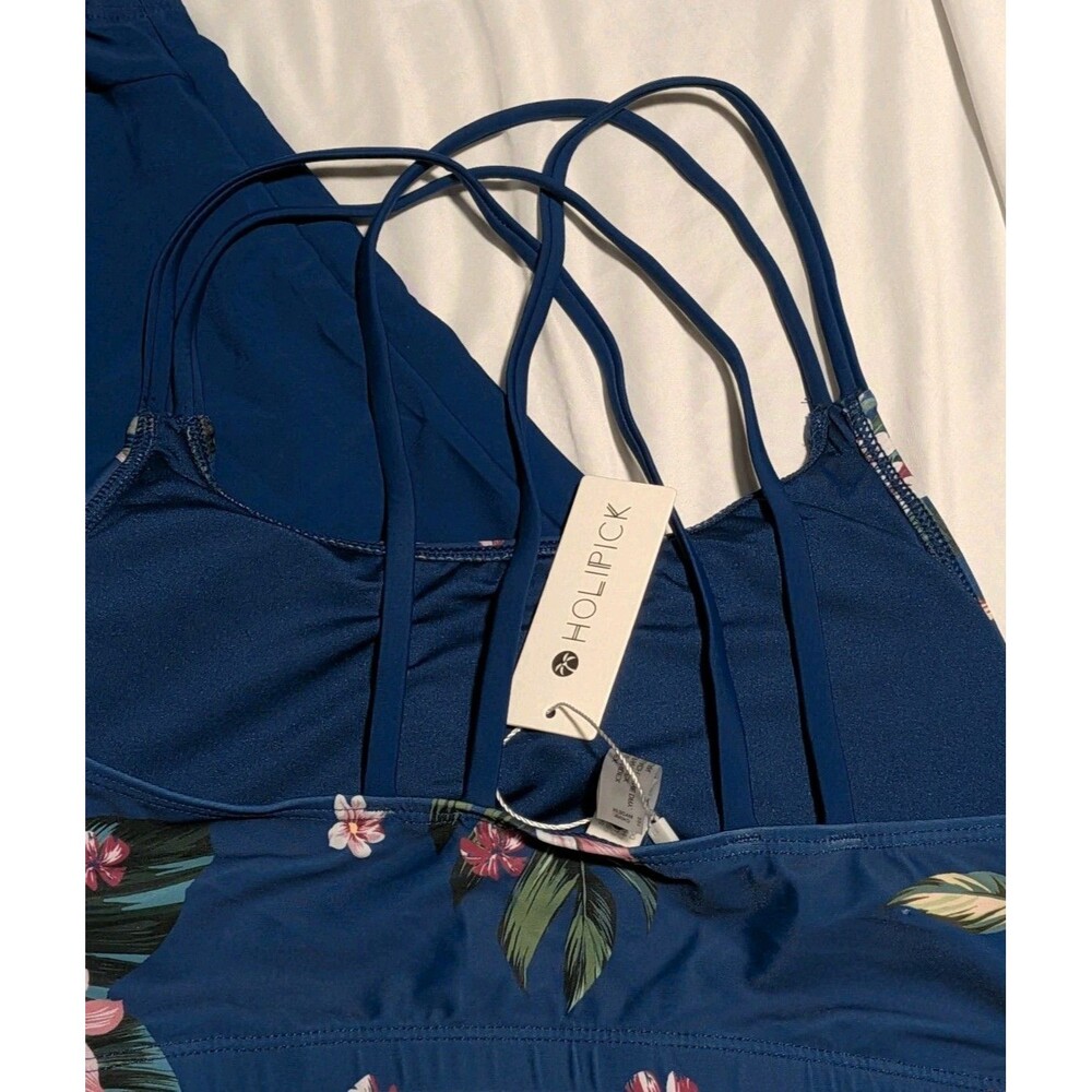Holipick 3 PC Swimsuit Blue Tropical Floral NWT Women's M Tank Boy Shorts Top - Picture 5 of 8